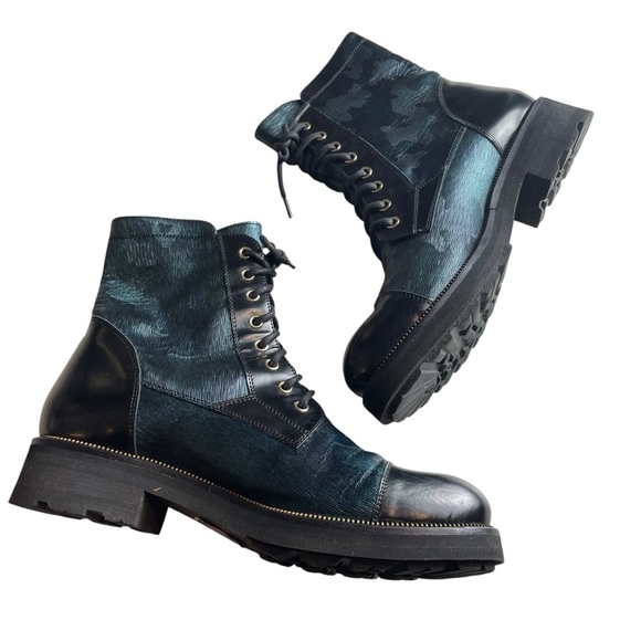 Ron White Tiffany Weatherproof Camo Combat Boots Green Black Calfskin Size 40 - Picture 2 of 10